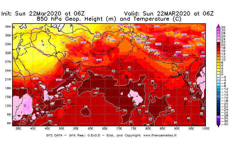 Mappa di analisi GFS - Geopotenziale [m] e Temperatura [°C] a 850 hPa in Asia Sud-Occidentale
							del 22/03/2020 06 <!--googleoff: index-->UTC<!--googleon: index-->