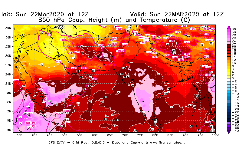 Mappa di analisi GFS - Geopotenziale [m] e Temperatura [°C] a 850 hPa in Asia Sud-Occidentale
							del 22/03/2020 12 <!--googleoff: index-->UTC<!--googleon: index-->
