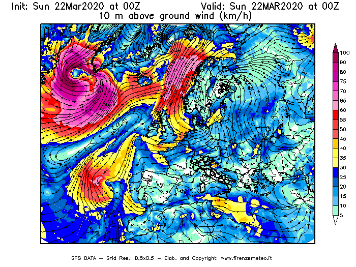 Mappa di analisi GFS - Velocità del vento a 10 metri dal suolo [km/h] in Europa
							del 22/03/2020 00 <!--googleoff: index-->UTC<!--googleon: index-->