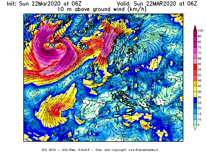 Mappa di analisi GFS - Velocità del vento a 10 metri dal suolo [km/h] in Europa
							del 22/03/2020 06 <!--googleoff: index-->UTC<!--googleon: index-->