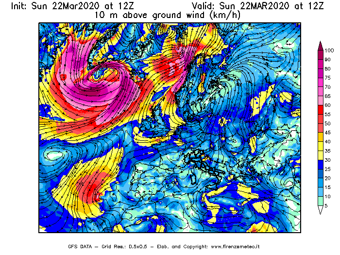 Mappa di analisi GFS - Velocità del vento a 10 metri dal suolo [km/h] in Europa
							del 22/03/2020 12 <!--googleoff: index-->UTC<!--googleon: index-->