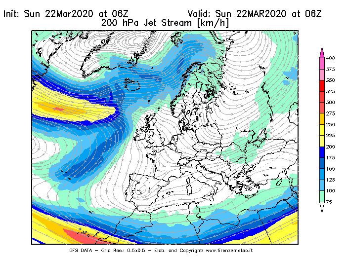 Mappa di analisi GFS - Jet Stream a 200 hPa in Europa
							del 22/03/2020 06 <!--googleoff: index-->UTC<!--googleon: index-->