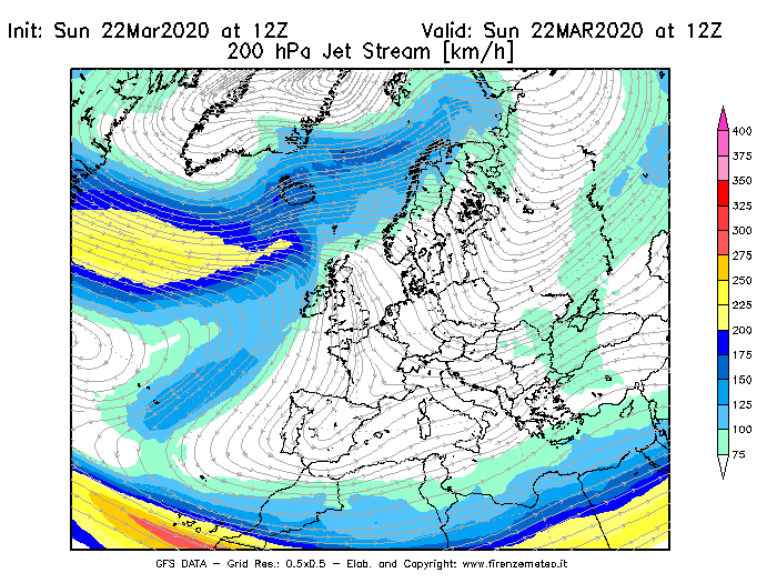 Mappa di analisi GFS - Jet Stream a 200 hPa in Europa
							del 22/03/2020 12 <!--googleoff: index-->UTC<!--googleon: index-->