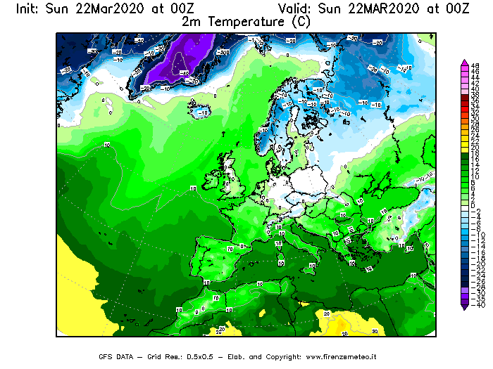 Mappa di analisi GFS - Temperatura a 2 metri dal suolo [°C] in Europa
							del 22/03/2020 00 <!--googleoff: index-->UTC<!--googleon: index-->