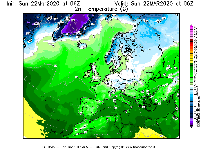 Mappa di analisi GFS - Temperatura a 2 metri dal suolo [°C] in Europa
							del 22/03/2020 06 <!--googleoff: index-->UTC<!--googleon: index-->