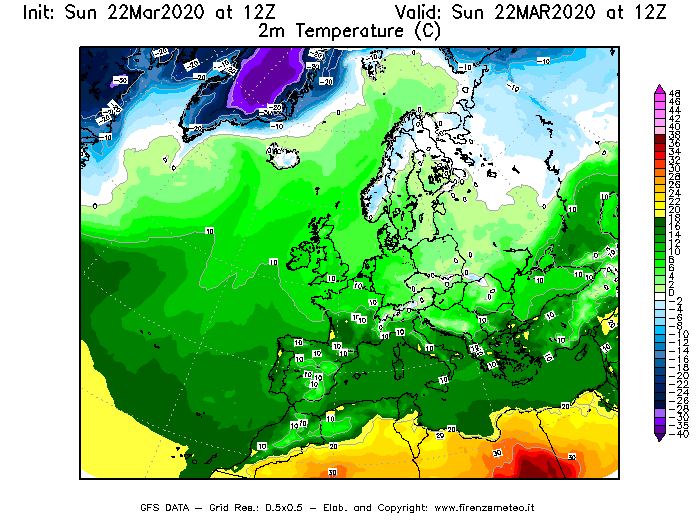 Mappa di analisi GFS - Temperatura a 2 metri dal suolo [°C] in Europa
							del 22/03/2020 12 <!--googleoff: index-->UTC<!--googleon: index-->
