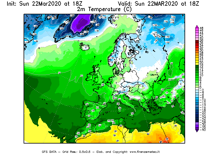 Mappa di analisi GFS - Temperatura a 2 metri dal suolo [°C] in Europa
							del 22/03/2020 18 <!--googleoff: index-->UTC<!--googleon: index-->