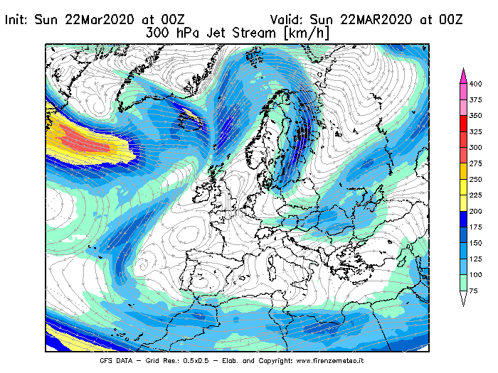 Mappa di analisi GFS - Jet Stream a 300 hPa in Europa
							del 22/03/2020 00 <!--googleoff: index-->UTC<!--googleon: index-->