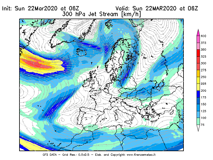 Mappa di analisi GFS - Jet Stream a 300 hPa in Europa
							del 22/03/2020 06 <!--googleoff: index-->UTC<!--googleon: index-->