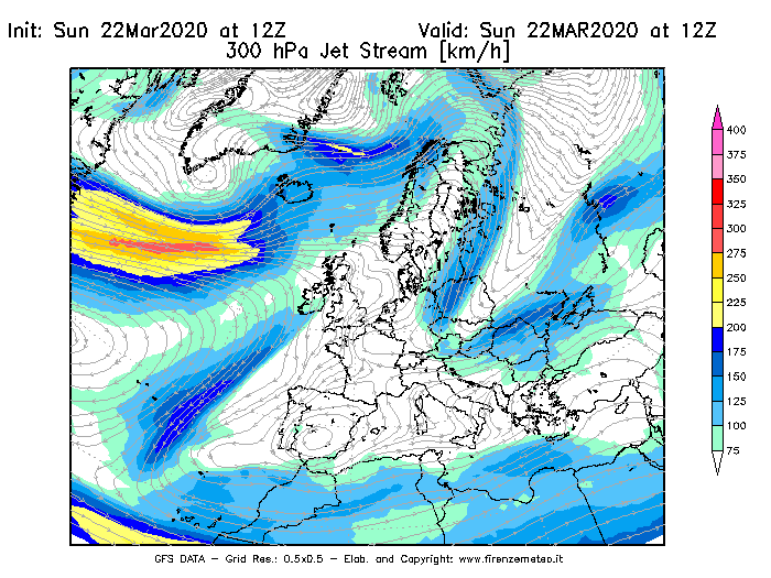Mappa di analisi GFS - Jet Stream a 300 hPa in Europa
							del 22/03/2020 12 <!--googleoff: index-->UTC<!--googleon: index-->