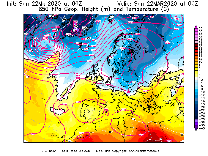 Mappa di analisi GFS - Geopotenziale [m] e Temperatura [°C] a 850 hPa in Europa
							del 22/03/2020 00 <!--googleoff: index-->UTC<!--googleon: index-->