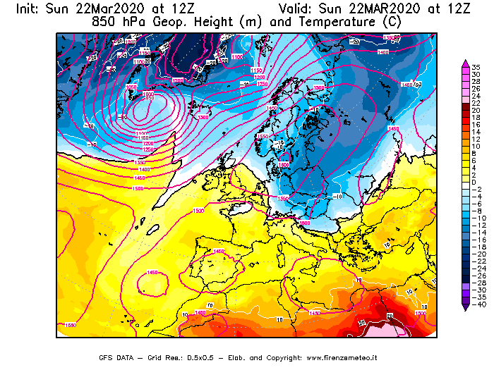 Mappa di analisi GFS - Geopotenziale [m] e Temperatura [°C] a 850 hPa in Europa
							del 22/03/2020 12 <!--googleoff: index-->UTC<!--googleon: index-->