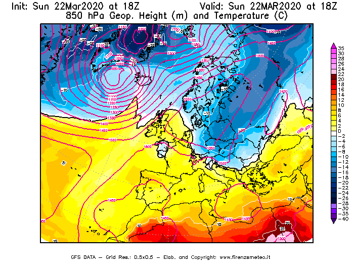 Mappa di analisi GFS - Geopotenziale [m] e Temperatura [°C] a 850 hPa in Europa
							del 22/03/2020 18 <!--googleoff: index-->UTC<!--googleon: index-->