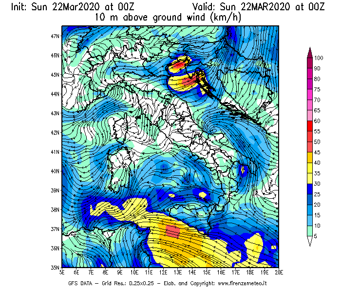 Mappa di analisi GFS - Velocità del vento a 10 metri dal suolo [km/h] in Italia
							del 22/03/2020 00 <!--googleoff: index-->UTC<!--googleon: index-->