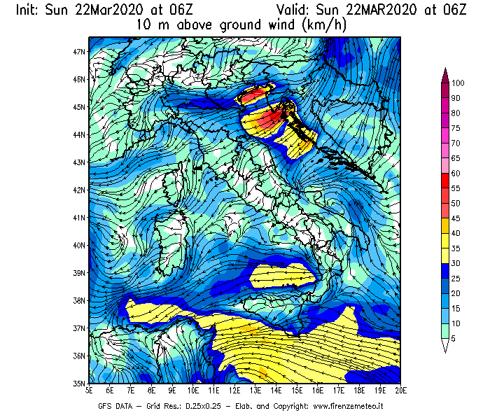 Mappa di analisi GFS - Velocità del vento a 10 metri dal suolo [km/h] in Italia
							del 22/03/2020 06 <!--googleoff: index-->UTC<!--googleon: index-->