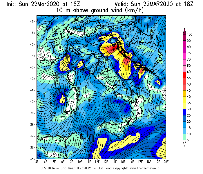Mappa di analisi GFS - Velocità del vento a 10 metri dal suolo [km/h] in Italia
							del 22/03/2020 18 <!--googleoff: index-->UTC<!--googleon: index-->