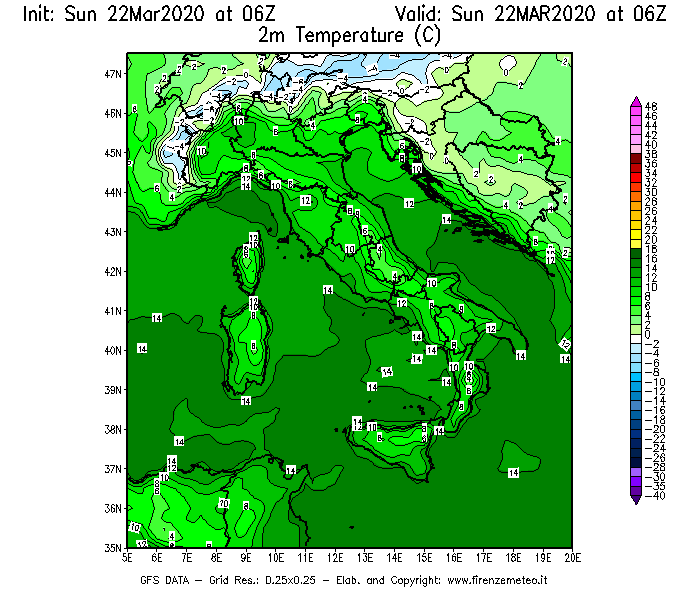 Mappa di analisi GFS - Temperatura a 2 metri dal suolo [°C] in Italia
							del 22/03/2020 06 <!--googleoff: index-->UTC<!--googleon: index-->