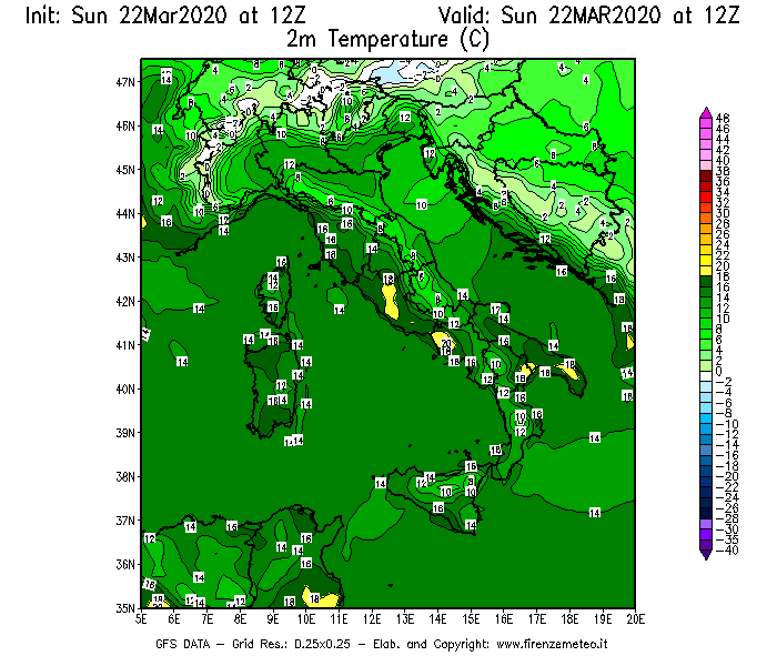 Mappa di analisi GFS - Temperatura a 2 metri dal suolo [°C] in Italia
							del 22/03/2020 12 <!--googleoff: index-->UTC<!--googleon: index-->