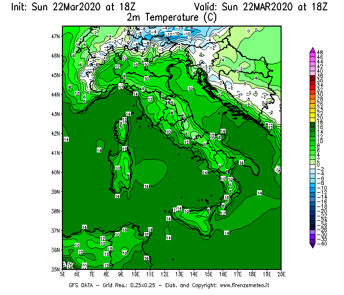 Mappa di analisi GFS - Temperatura a 2 metri dal suolo [°C] in Italia
							del 22/03/2020 18 <!--googleoff: index-->UTC<!--googleon: index-->