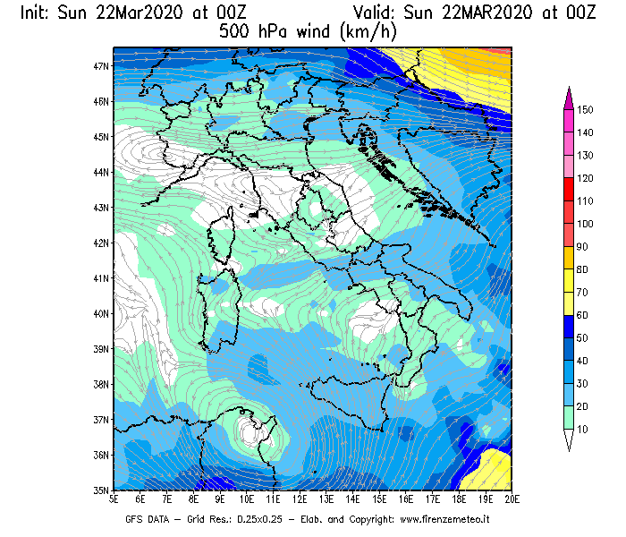 Mappa di analisi GFS - Velocità del vento a 500 hPa [km/h] in Italia
							del 22/03/2020 00 <!--googleoff: index-->UTC<!--googleon: index-->