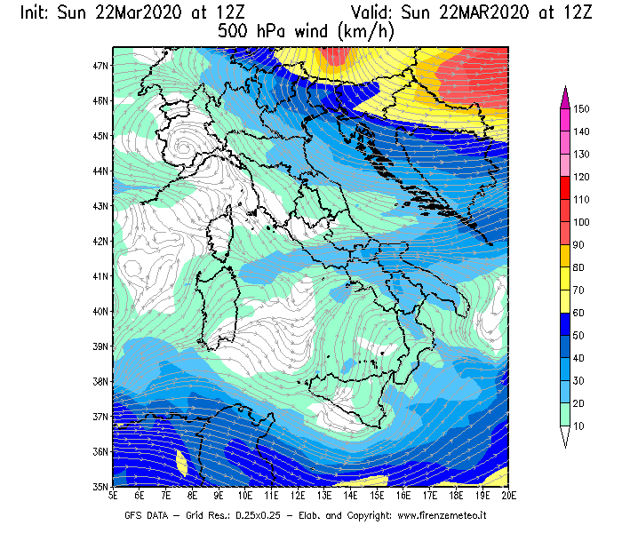 Mappa di analisi GFS - Velocità del vento a 500 hPa [km/h] in Italia
							del 22/03/2020 12 <!--googleoff: index-->UTC<!--googleon: index-->