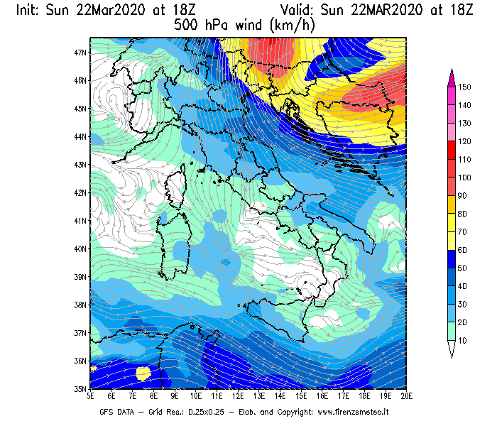 Mappa di analisi GFS - Velocità del vento a 500 hPa [km/h] in Italia
							del 22/03/2020 18 <!--googleoff: index-->UTC<!--googleon: index-->