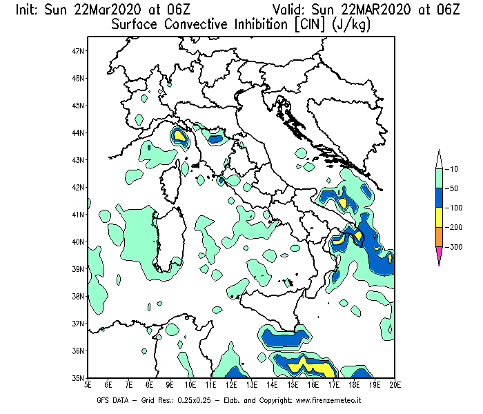 Mappa di analisi GFS - CIN [J/kg] in Italia
							del 22/03/2020 06 <!--googleoff: index-->UTC<!--googleon: index-->