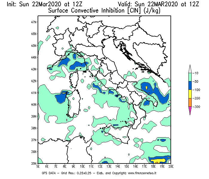 Mappa di analisi GFS - CIN [J/kg] in Italia
							del 22/03/2020 12 <!--googleoff: index-->UTC<!--googleon: index-->