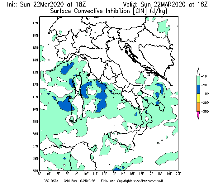 Mappa di analisi GFS - CIN [J/kg] in Italia
							del 22/03/2020 18 <!--googleoff: index-->UTC<!--googleon: index-->