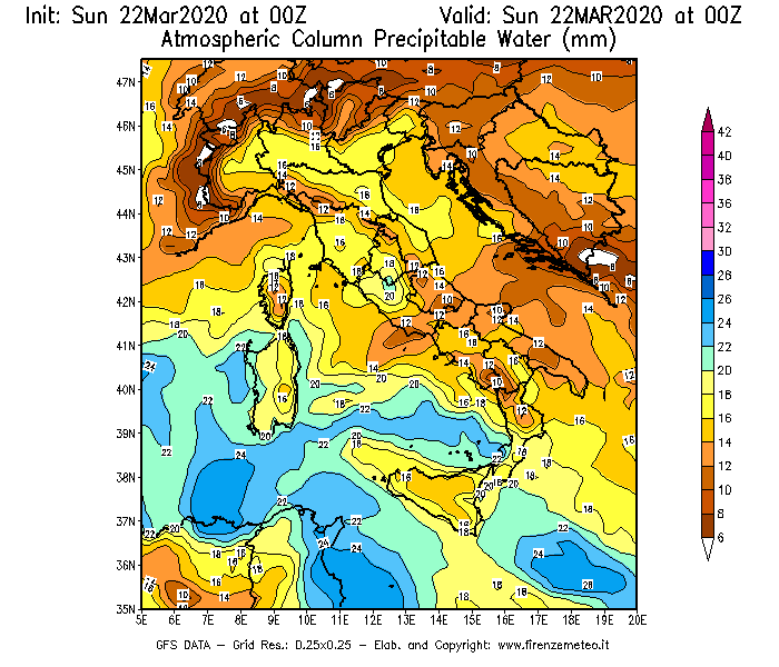 Mappa di analisi GFS - Precipitable Water [mm] in Italia
							del 22/03/2020 00 <!--googleoff: index-->UTC<!--googleon: index-->