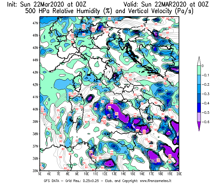 Mappa di analisi GFS - Umidità relativa [%] e Omega [Pa/s] a 500 hPa in Italia
							del 22/03/2020 00 <!--googleoff: index-->UTC<!--googleon: index-->