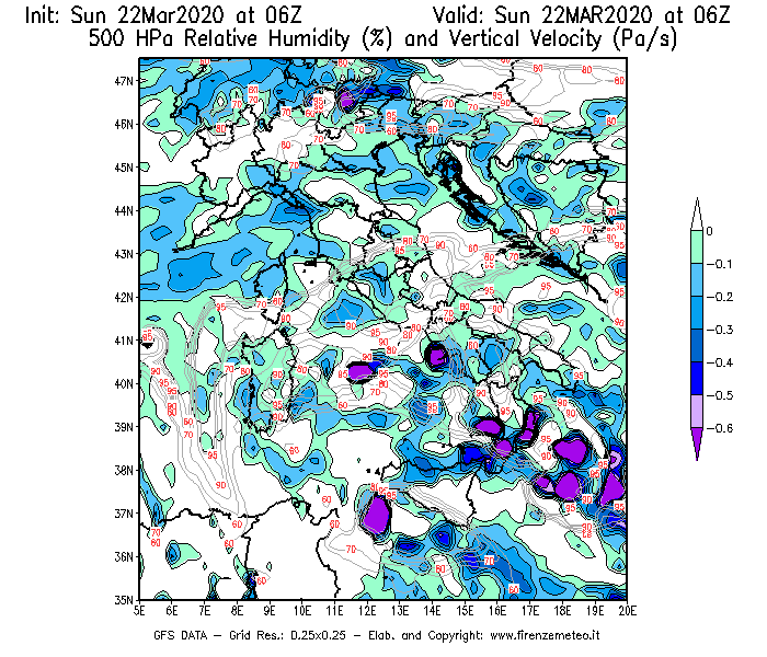 Mappa di analisi GFS - Umidità relativa [%] e Omega [Pa/s] a 500 hPa in Italia
							del 22/03/2020 06 <!--googleoff: index-->UTC<!--googleon: index-->