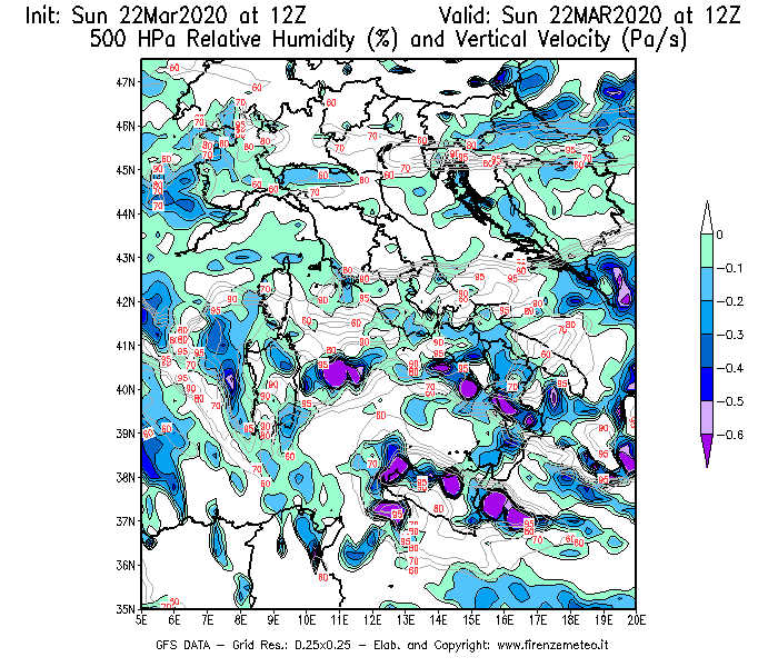 Mappa di analisi GFS - Umidità relativa [%] e Omega [Pa/s] a 500 hPa in Italia
							del 22/03/2020 12 <!--googleoff: index-->UTC<!--googleon: index-->