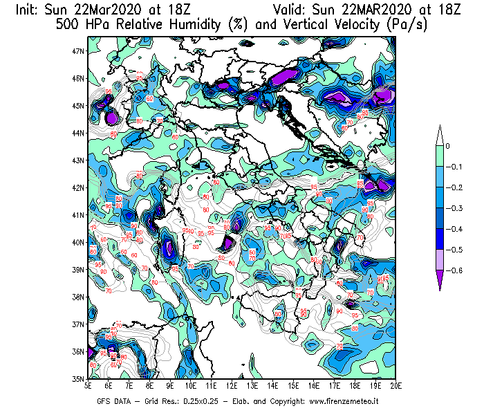 Mappa di analisi GFS - Umidità relativa [%] e Omega [Pa/s] a 500 hPa in Italia
							del 22/03/2020 18 <!--googleoff: index-->UTC<!--googleon: index-->