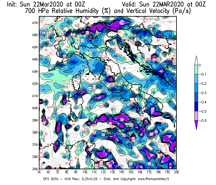 Mappa di analisi GFS - Umidità relativa [%] e Omega [Pa/s] a 700 hPa in Italia
							del 22/03/2020 00 <!--googleoff: index-->UTC<!--googleon: index-->