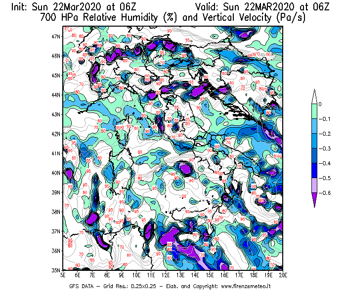 Mappa di analisi GFS - Umidità relativa [%] e Omega [Pa/s] a 700 hPa in Italia
							del 22/03/2020 06 <!--googleoff: index-->UTC<!--googleon: index-->