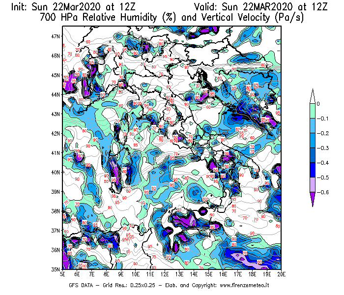 Mappa di analisi GFS - Umidità relativa [%] e Omega [Pa/s] a 700 hPa in Italia
							del 22/03/2020 12 <!--googleoff: index-->UTC<!--googleon: index-->