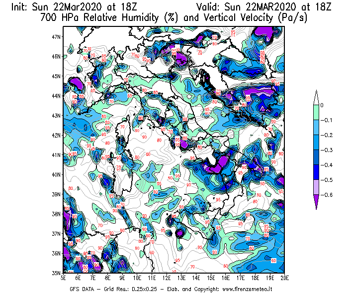 Mappa di analisi GFS - Umidità relativa [%] e Omega [Pa/s] a 700 hPa in Italia
							del 22/03/2020 18 <!--googleoff: index-->UTC<!--googleon: index-->