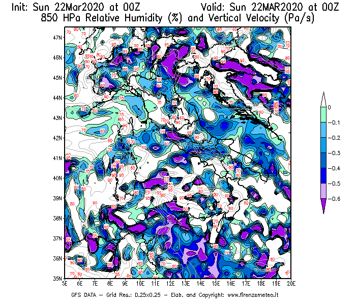 Mappa di analisi GFS - Umidità relativa [%] e Omega [Pa/s] a 850 hPa in Italia
							del 22/03/2020 00 <!--googleoff: index-->UTC<!--googleon: index-->