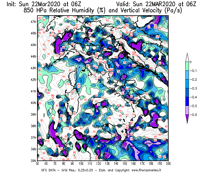 Mappa di analisi GFS - Umidità relativa [%] e Omega [Pa/s] a 850 hPa in Italia
							del 22/03/2020 06 <!--googleoff: index-->UTC<!--googleon: index-->