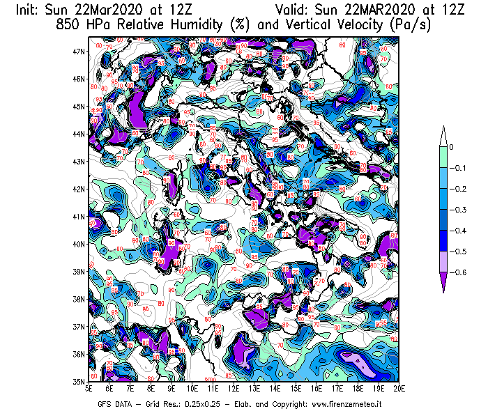 Mappa di analisi GFS - Umidità relativa [%] e Omega [Pa/s] a 850 hPa in Italia
							del 22/03/2020 12 <!--googleoff: index-->UTC<!--googleon: index-->