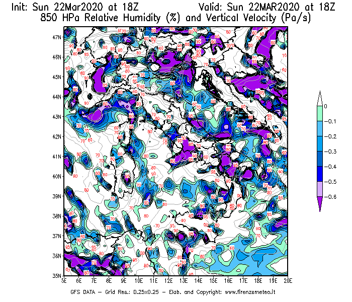 Mappa di analisi GFS - Umidità relativa [%] e Omega [Pa/s] a 850 hPa in Italia
							del 22/03/2020 18 <!--googleoff: index-->UTC<!--googleon: index-->