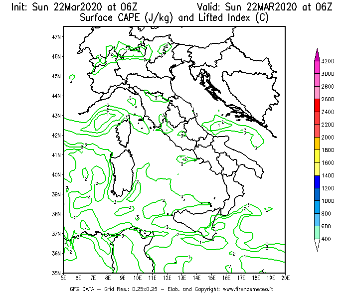 Mappa di analisi GFS - CAPE [J/kg] e Lifted Index [°C] in Italia
							del 22/03/2020 06 <!--googleoff: index-->UTC<!--googleon: index-->