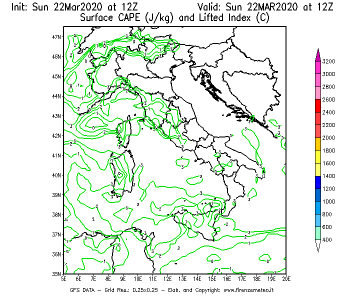 Mappa di analisi GFS - CAPE [J/kg] e Lifted Index [°C] in Italia
							del 22/03/2020 12 <!--googleoff: index-->UTC<!--googleon: index-->