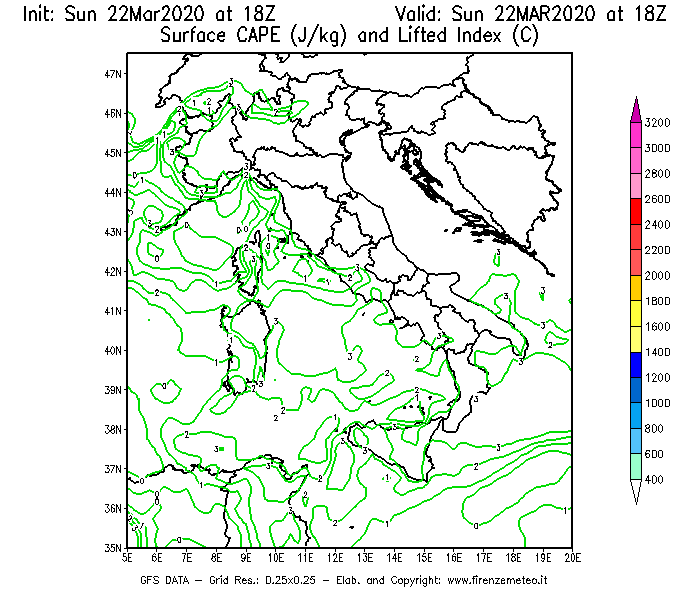 Mappa di analisi GFS - CAPE [J/kg] e Lifted Index [°C] in Italia
							del 22/03/2020 18 <!--googleoff: index-->UTC<!--googleon: index-->