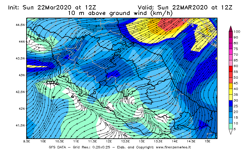 Mappa di analisi GFS - Velocità del vento a 10 metri dal suolo [km/h] in Centro-Italia
							del 22/03/2020 12 <!--googleoff: index-->UTC<!--googleon: index-->