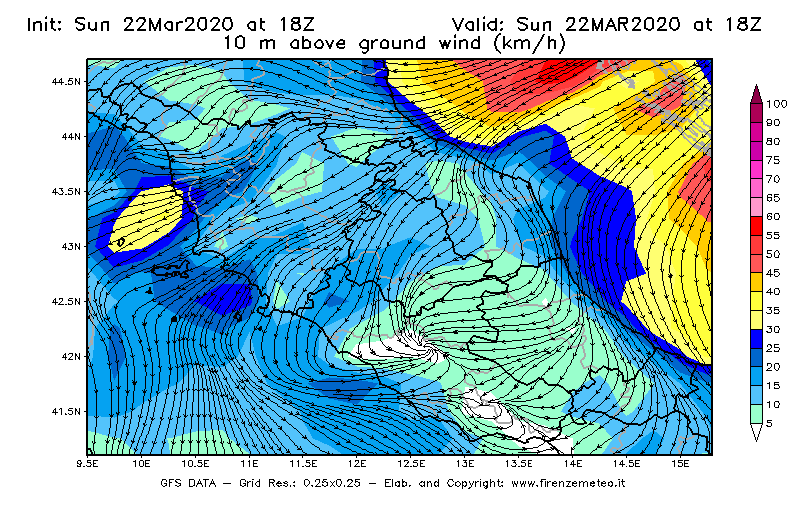 Mappa di analisi GFS - Velocità del vento a 10 metri dal suolo [km/h] in Centro-Italia
							del 22/03/2020 18 <!--googleoff: index-->UTC<!--googleon: index-->