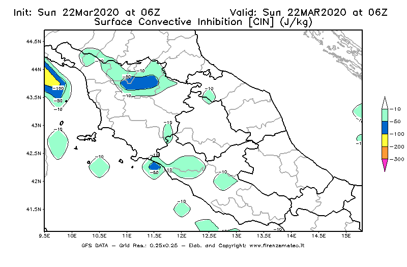 Mappa di analisi GFS - CIN [J/kg] in Centro-Italia
							del 22/03/2020 06 <!--googleoff: index-->UTC<!--googleon: index-->