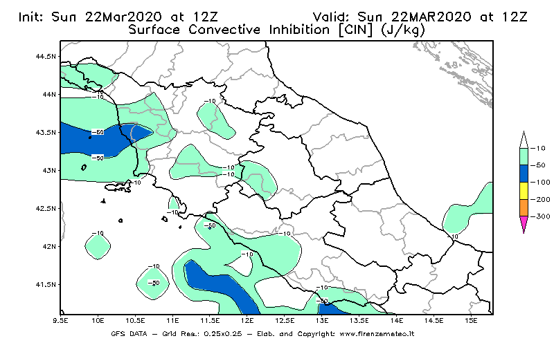 Mappa di analisi GFS - CIN [J/kg] in Centro-Italia
							del 22/03/2020 12 <!--googleoff: index-->UTC<!--googleon: index-->