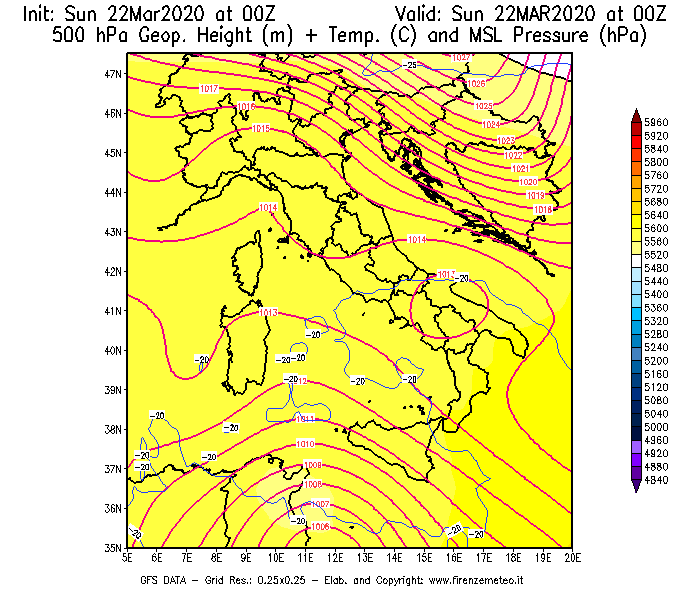 Mappa di analisi GFS - Geopotenziale [m] + Temp. [°C] a 500 hPa + Press. a livello del mare [hPa] in Italia
							del 22/03/2020 00 <!--googleoff: index-->UTC<!--googleon: index-->